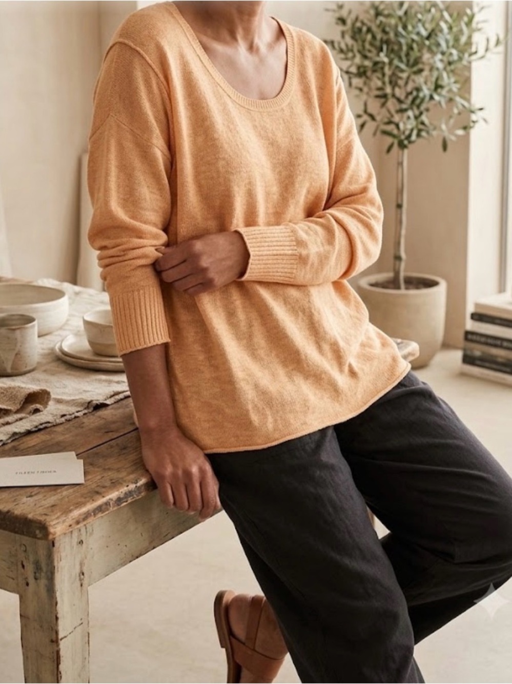 Eileen Fisher Scoop Neck Boxy Fit Linen Lightweight Sweater Size XL